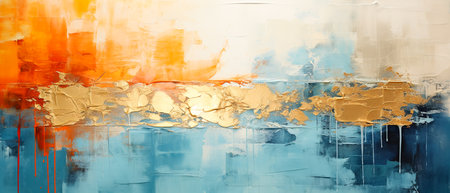 Abstract background with blue, orange, yellow and white paint splashesの素材