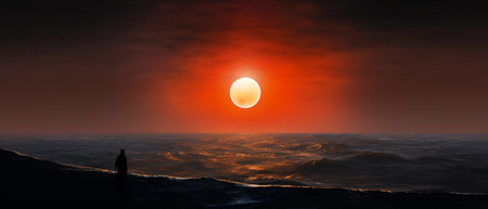 Fantasy alien planet. Mountain and sunset. 3D illustration.の素材