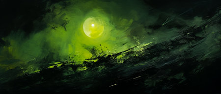 3D illustration of an alien planet with green nebula and starsの素材