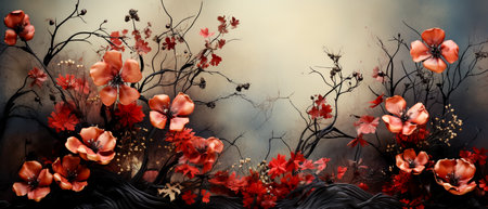 Grunge floral background with red poppies and branches.の素材