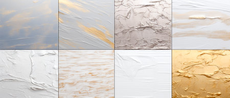 Collage of different textures of white and gold paint on a white backgroundの素材