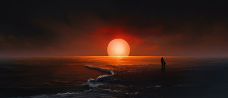3d render of a man standing on the beach and watching the sunsetの素材