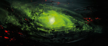 Fractal 3D illustration of an alien planet with a bright green coreの素材