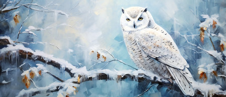 Snowy owl in winter forest. Watercolor painting. Vector illustration.の素材