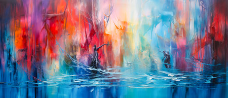 abstract watercolor background with blue, red, orange and yellow colorsの素材
