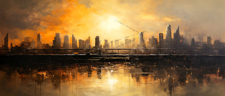 Panoramic view of the city during a fire at sunset.の素材