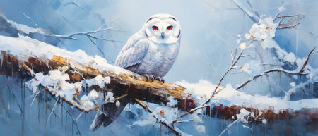 Snowy owl sitting on a branch in the winter forest. Digital painting.の素材