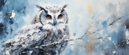 Digital painting of an owl on a tree branch in winter forest.の素材