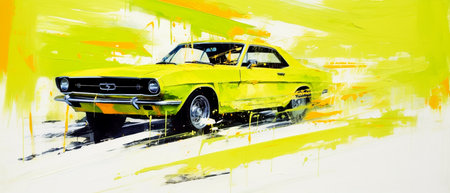 Digital painting of a yellow vintage car on a watercolor background.の素材