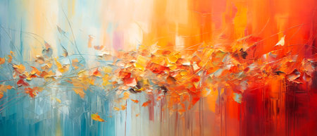 Autumn background with yellow leaves and red and blue brushstrokesの素材
