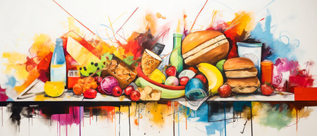 Composition with food and drinks on the table. Colorful backgroundの素材