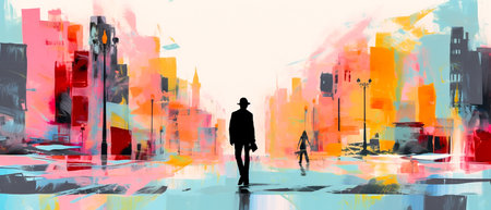 Silhouette of a man walking in the city. Vector illustration.の素材