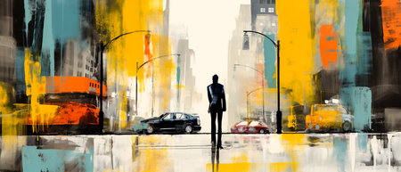 Back view of businessman looking at city street with buildings and cars. Mixed mediaの素材