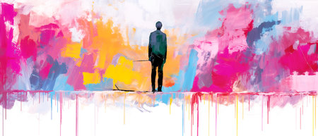 Rear view of a man standing in front of a painted wallの素材