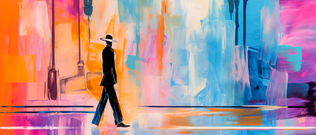3d illustration of a man wearing a hat and walking in the city.の素材