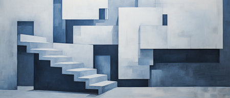 3d rendering of abstract stairs in empty room with concrete wall backgroundの素材