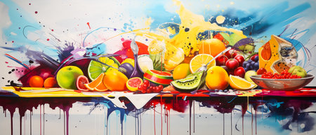 Fruits and vegetables on a colorful background with watercolor splashesの素材