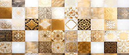 Set of golden mosaic tiles. Decorative ceramic mosaic tiles for interior design.の素材