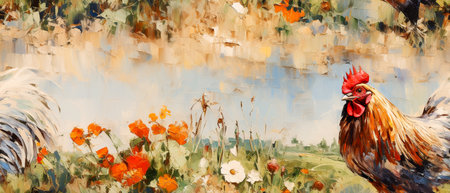 Painting of rooster in the meadow with poppiesの素材