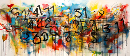 Colorful abstract background with a lot of different letters and numbers painted on itの素材