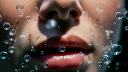 Close-up portrait of a beautiful woman with water drops on her lipsの素材