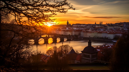 Prague, Czech Republic. View of Vltava river at sunset.の素材