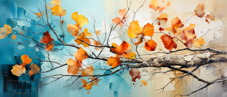 Autumn background with tree branches and falling leaves. Illustration.の素材