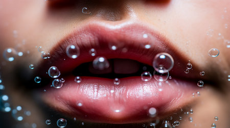 Close-up portrait of a beautiful young woman's lips with water dropsの素材