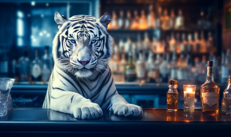 Portrait of a white tiger on the bar counter with bottles in the backgroundの素材