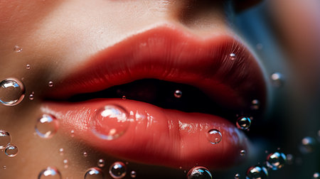 Closeup of beautiful female lips with drops of water. Beauty concept.の素材