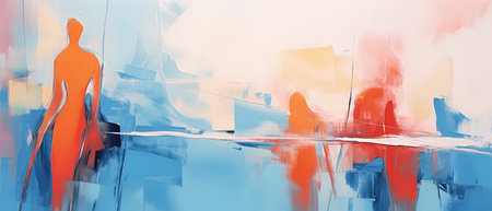 abstract background with a man and a woman in front of the cityの素材
