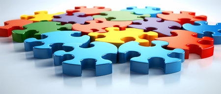 3d rendering of colorful puzzle pieces over white background. Teamwork conceptの素材
