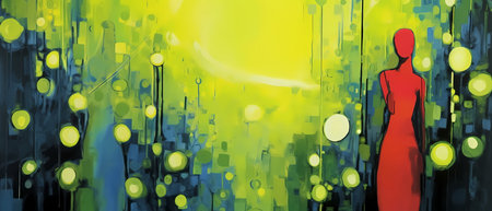Futuristic abstract background with a woman in a red dress.の素材