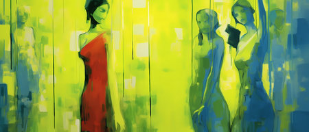 Abstract colorful background with a woman in red dress. 3d renderingの素材