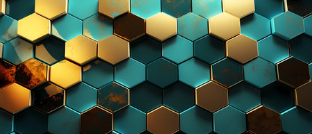 Abstract 3d rendering of chaotic hexagon shapes. Futuristic background design.の素材