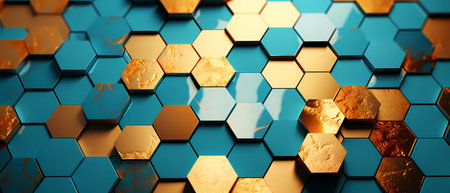 3d rendering of abstract hexagonal background in blue and golden colorsの素材