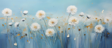 floral background with white dandelions on blue watercolor backgroundの素材