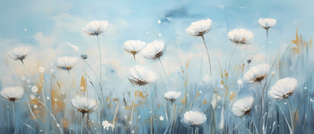 White daisy flowers on blue sky background. 3d rendering.の素材