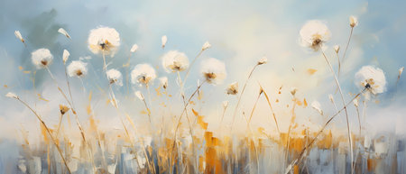 Digital painting of dandelions in a meadow at sunset.の素材