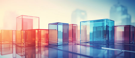 Glass cubes and cityscape background. 3d rendering toned imageの素材
