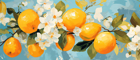 Lemon tree branch with flowers and lemons. Vector illustration.の素材