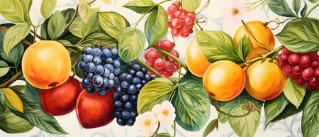 Fruits, berries, leaves and flowers on a white background.の素材