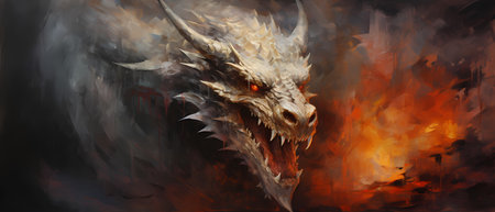 Dragon head in the fire. 3d illustrations. Digital painting.の素材