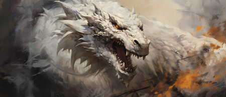 Digital painting of a dragon roaring on a background of fire and smokeの素材