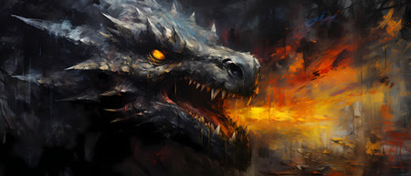 dragon with fire and flames in the background. 3d illustrations.の素材