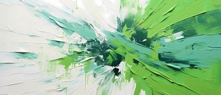 Abstract background of green oil paint splashes on a white canvas.の素材