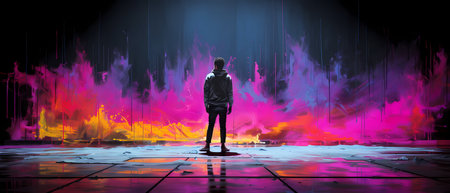 Young man standing in front of stage lights, 3d render illustrationの素材