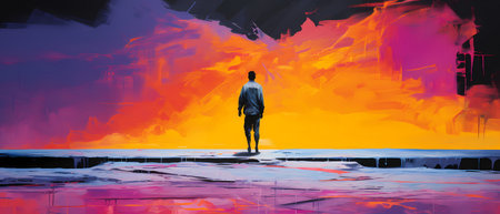 Man standing on the beach and looking at the sea. Mixed mediaの素材