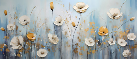 3d illustration of white poppies on a blue background.の素材