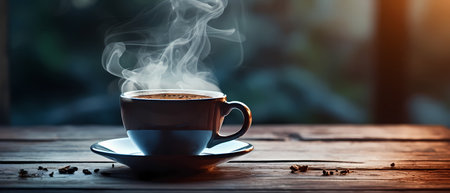 Coffee cup on wooden table in coffee shop, stock photoの素材
